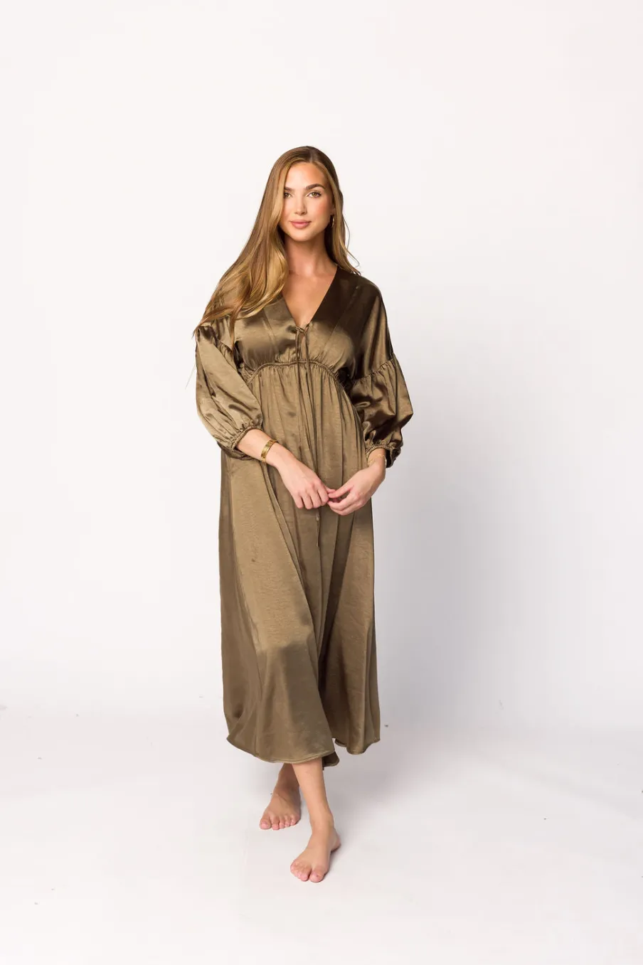Discount Worth Collective Hunter Premium *Satin* Midi Dress in Tapenade - Bump Friendly