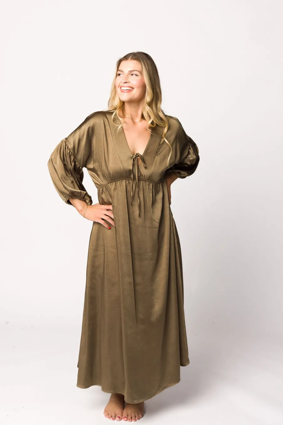 Discount Worth Collective Hunter Premium *Satin* Midi Dress in Tapenade - Bump Friendly