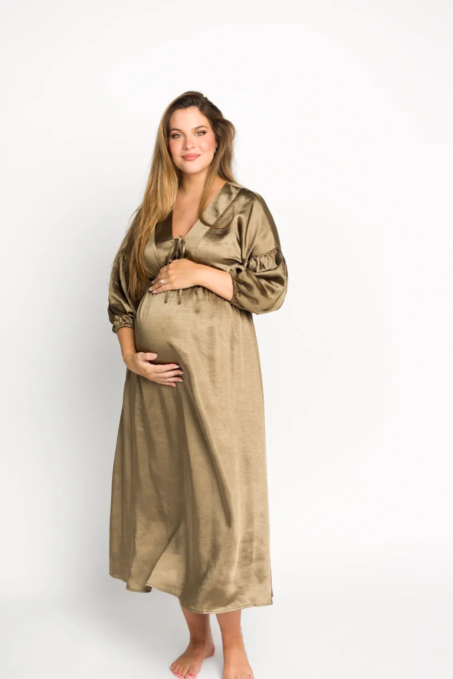 Discount Worth Collective Hunter Premium *Satin* Midi Dress in Tapenade - Bump Friendly