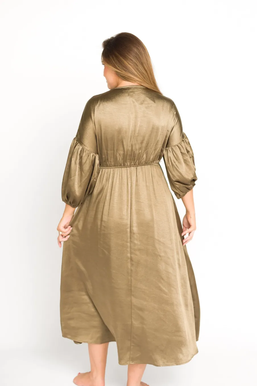 Discount Worth Collective Hunter Premium *Satin* Midi Dress in Tapenade - Bump Friendly