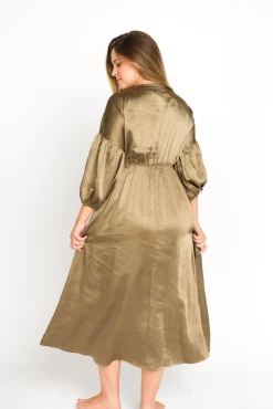 Discount Worth Collective Hunter Premium *Satin* Midi Dress in Tapenade - Bump Friendly