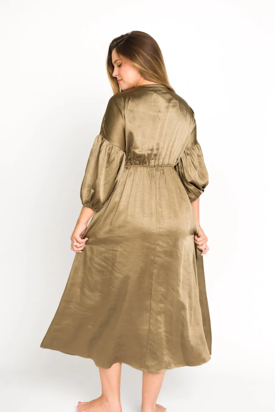 Discount Worth Collective Hunter Premium *Satin* Midi Dress in Tapenade - Bump Friendly
