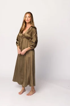 Discount Worth Collective Hunter Premium *Satin* Midi Dress in Tapenade - Bump Friendly