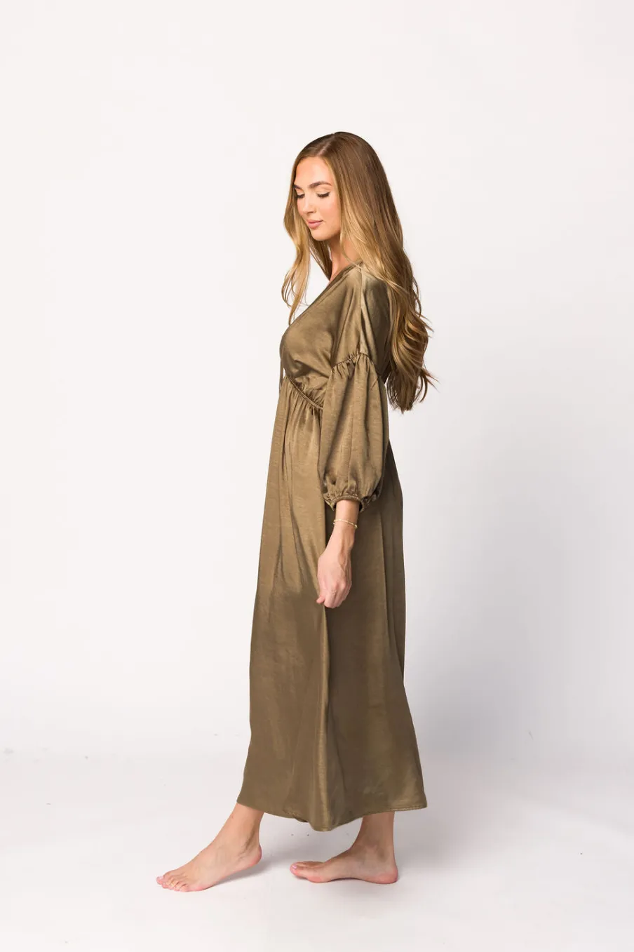 Discount Worth Collective Hunter Premium *Satin* Midi Dress in Tapenade - Bump Friendly