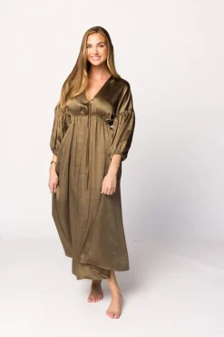 Discount Worth Collective Hunter Premium *Satin* Midi Dress in Tapenade - Bump Friendly