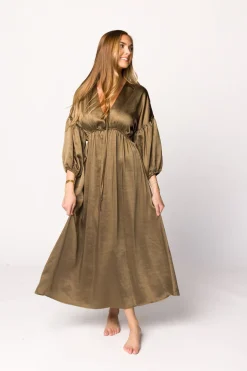 Discount Worth Collective Hunter Premium *Satin* Midi Dress in Tapenade - Bump Friendly