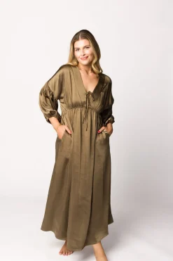 Discount Worth Collective Hunter Premium *Satin* Midi Dress in Tapenade - Bump Friendly