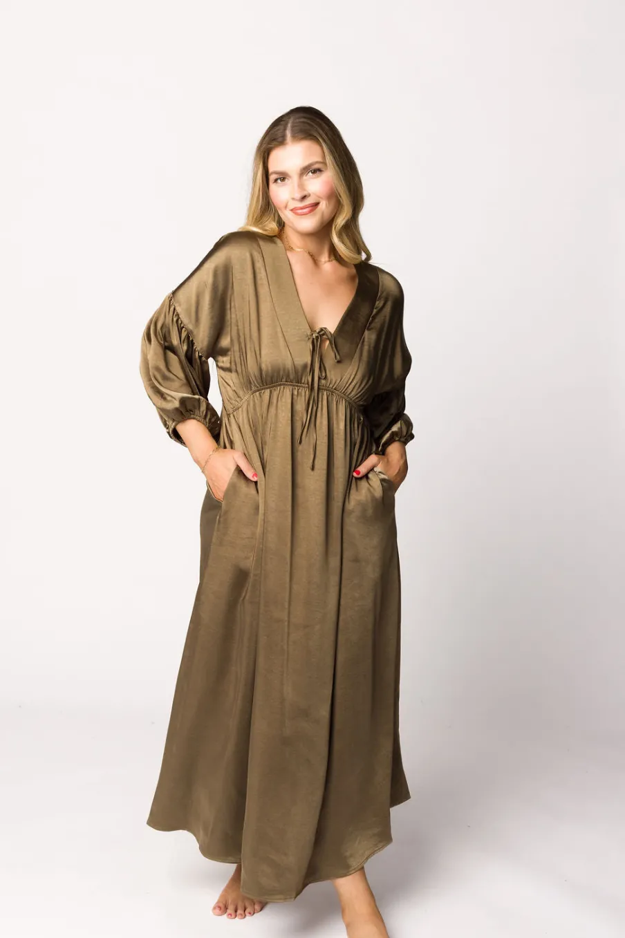 Discount Worth Collective Hunter Premium *Satin* Midi Dress in Tapenade - Bump Friendly