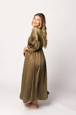 Discount Worth Collective Hunter Premium *Satin* Midi Dress in Tapenade - Bump Friendly