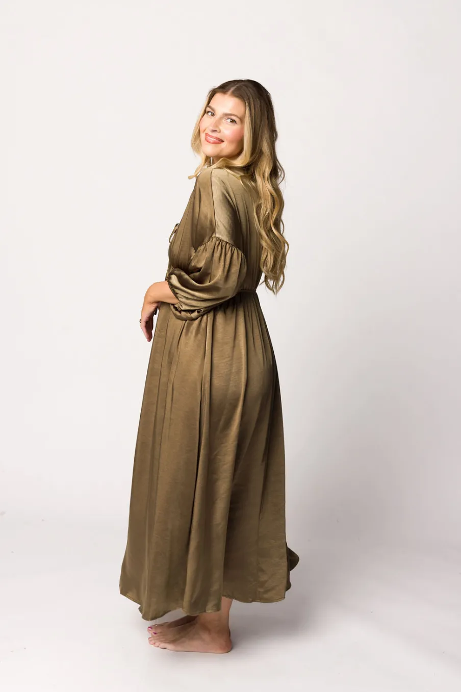 Discount Worth Collective Hunter Premium *Satin* Midi Dress in Tapenade - Bump Friendly