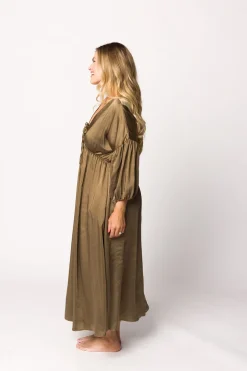 Discount Worth Collective Hunter Premium *Satin* Midi Dress in Tapenade - Bump Friendly