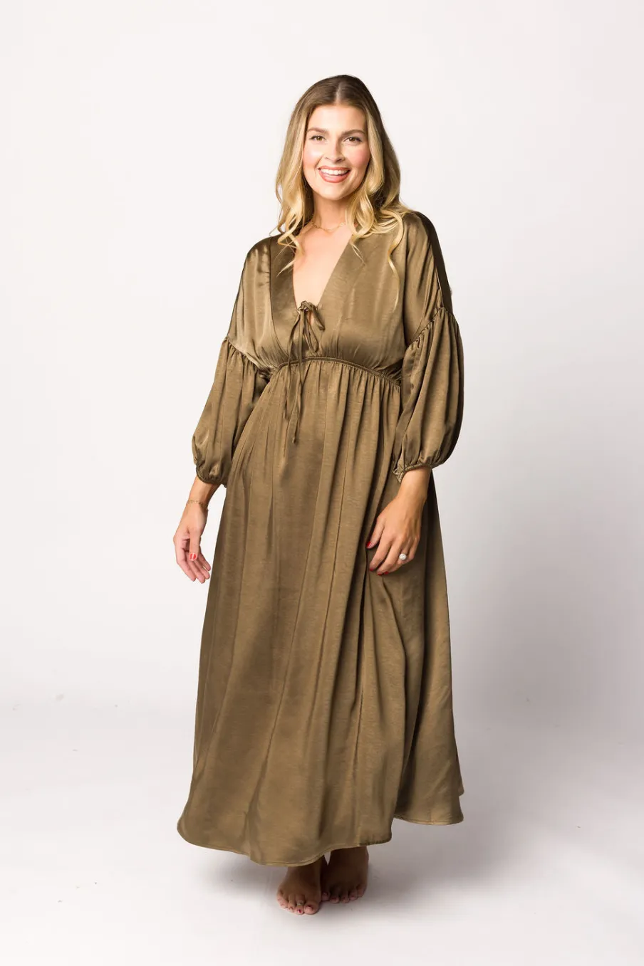 Discount Worth Collective Hunter Premium *Satin* Midi Dress in Tapenade - Bump Friendly