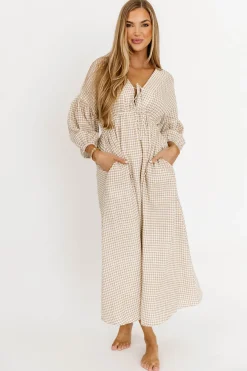 Hot Worth Collective Hunter Printed Gauze Midi Dress in Natural Plaid - Bump Friendly