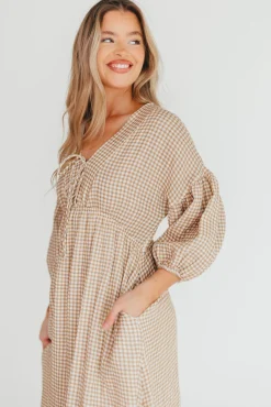 Hot Worth Collective Hunter Printed Gauze Midi Dress in Natural Plaid - Bump Friendly