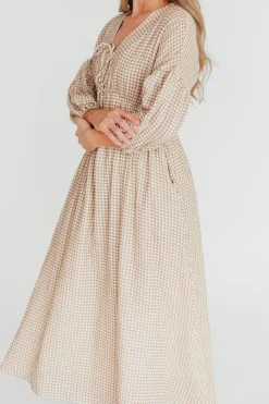 Hot Worth Collective Hunter Printed Gauze Midi Dress in Natural Plaid - Bump Friendly