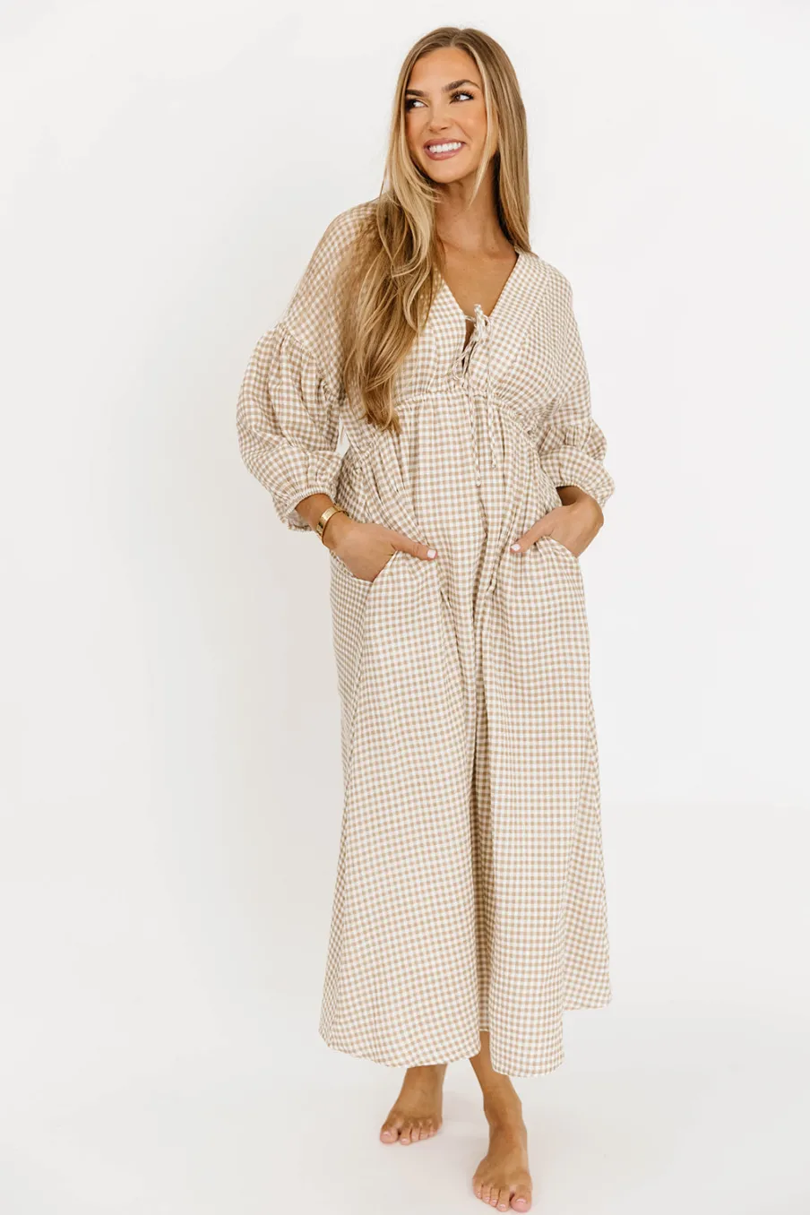 Hot Worth Collective Hunter Printed Gauze Midi Dress in Natural Plaid - Bump Friendly