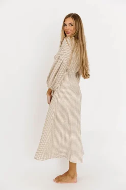 Hot Worth Collective Hunter Printed Gauze Midi Dress in Natural Plaid - Bump Friendly