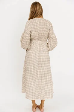 Hot Worth Collective Hunter Printed Gauze Midi Dress in Natural Plaid - Bump Friendly