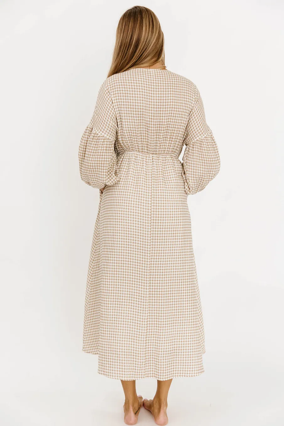 Hot Worth Collective Hunter Printed Gauze Midi Dress in Natural Plaid - Bump Friendly