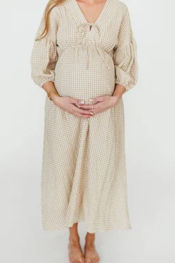 Hot Worth Collective Hunter Printed Gauze Midi Dress in Natural Plaid - Bump Friendly