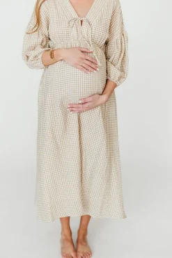 Hot Worth Collective Hunter Printed Gauze Midi Dress in Natural Plaid - Bump Friendly