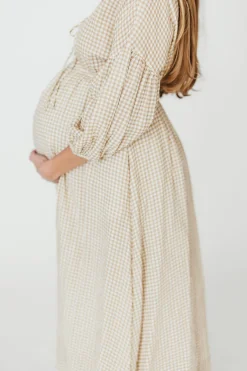 Hot Worth Collective Hunter Printed Gauze Midi Dress in Natural Plaid - Bump Friendly
