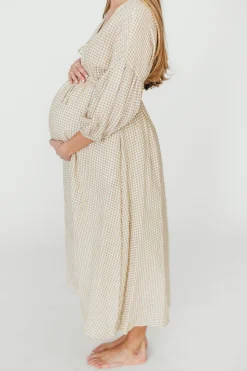 Hot Worth Collective Hunter Printed Gauze Midi Dress in Natural Plaid - Bump Friendly