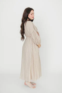 Hot Worth Collective Hunter Printed Gauze Midi Dress in Natural Plaid - Bump Friendly