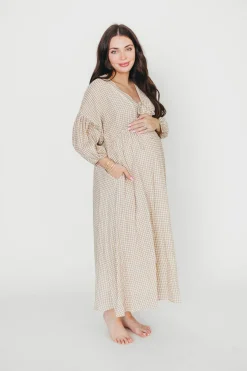 Hot Worth Collective Hunter Printed Gauze Midi Dress in Natural Plaid - Bump Friendly
