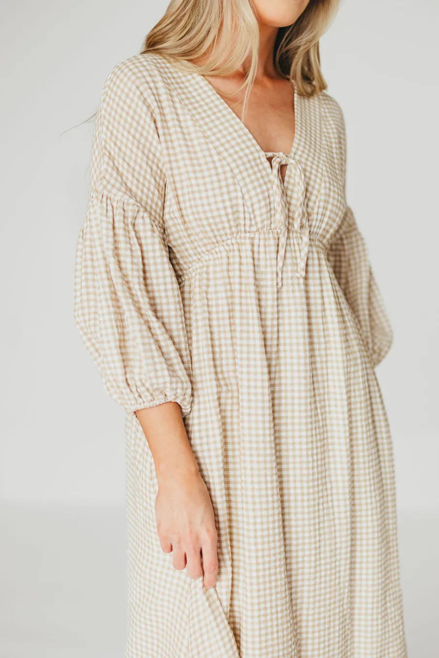 Hot Worth Collective Hunter Printed Gauze Midi Dress in Natural Plaid - Bump Friendly