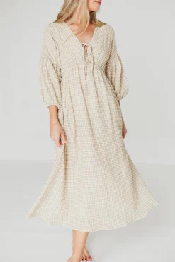 Hot Worth Collective Hunter Printed Gauze Midi Dress in Natural Plaid - Bump Friendly