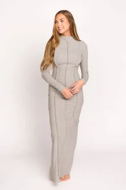 Online Worth Collective Jackie Knit Maxi Dress With Back Slit in Heather Grey