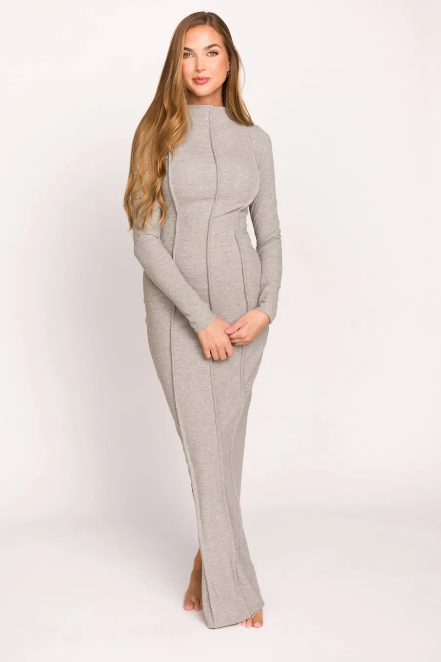 Online Worth Collective Jackie Knit Maxi Dress With Back Slit in Heather Grey
