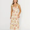 Clearance Worth Collective Jada Floral Flutter Sleeve Open Back Midi Dress in Natural/Dusty Pink