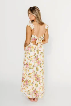 Clearance Worth Collective Jada Floral Flutter Sleeve Open Back Midi Dress in Natural/Dusty Pink