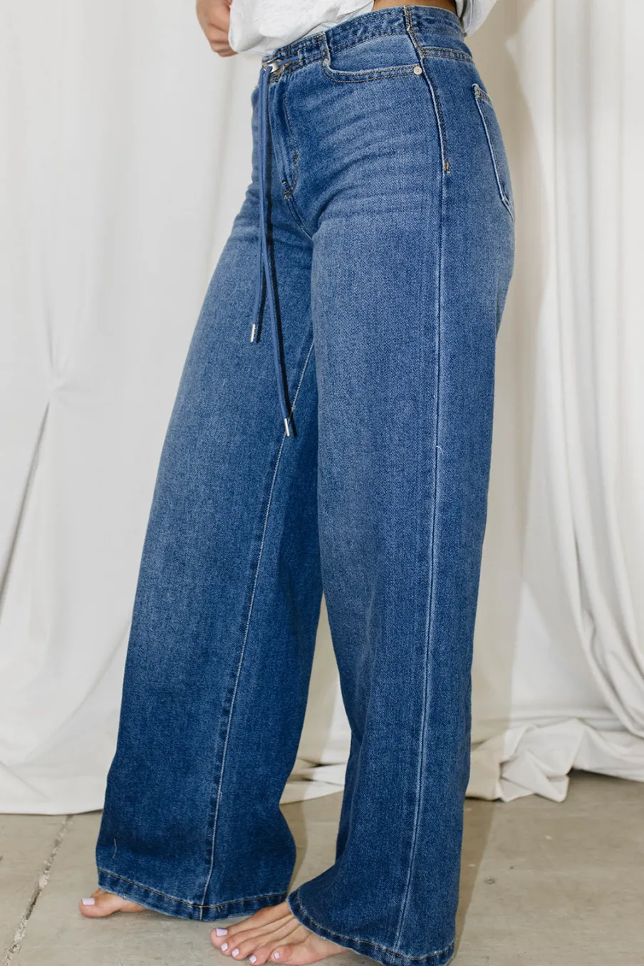 Outlet Worth Collective Jade Drawstring Wide Leg Jean in Baltic