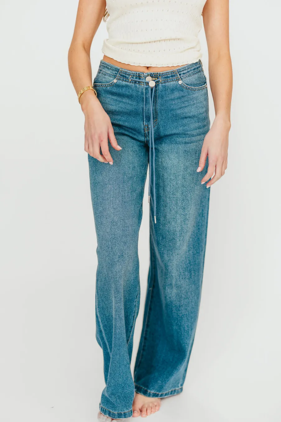 Outlet Worth Collective Jade Drawstring Wide Leg Jean in Baltic