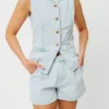 Outlet Worth Collective Jayne Button Down Sleeveless Vest and Paperbag Shorts Set in Light Den