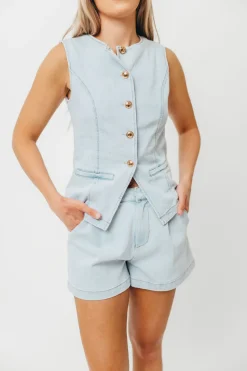 Outlet Worth Collective Jayne Button Down Sleeveless Vest and Paperbag Shorts Set in Light Den
