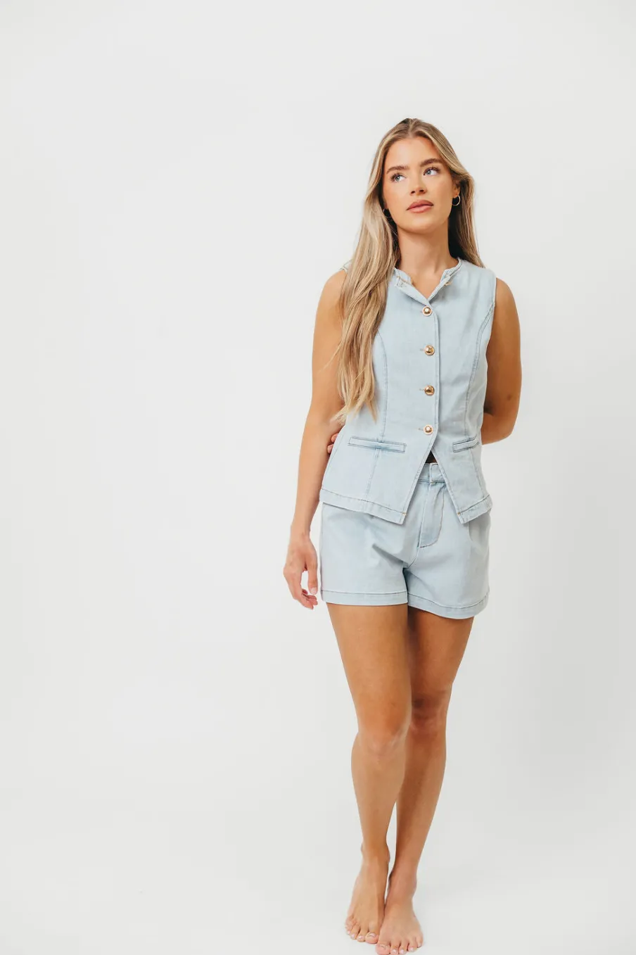 Outlet Worth Collective Jayne Button Down Sleeveless Vest and Paperbag Shorts Set in Light Den