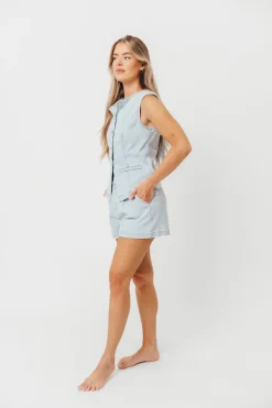 Outlet Worth Collective Jayne Button Down Sleeveless Vest and Paperbag Shorts Set in Light Den