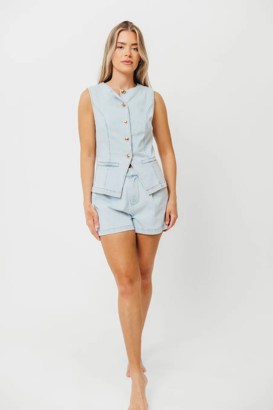 Outlet Worth Collective Jayne Button Down Sleeveless Vest and Paperbag Shorts Set in Light Den