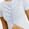 Fashion Worth Collective Jen Button Pleated Split Knit Top in Sky