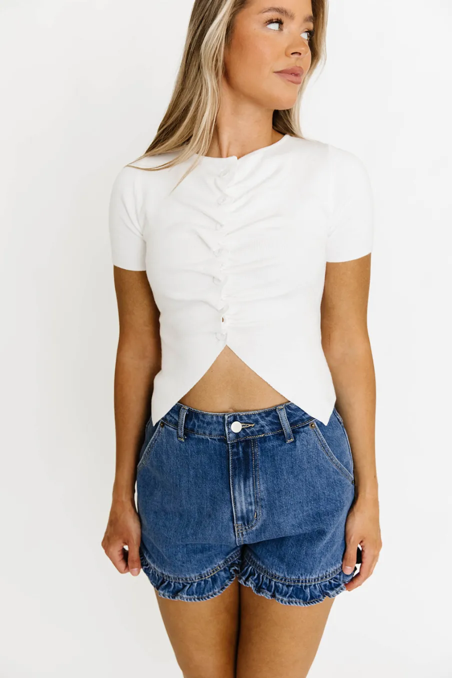 Best Worth Collective Jen Button Pleated Split Knit Top in Ivory
