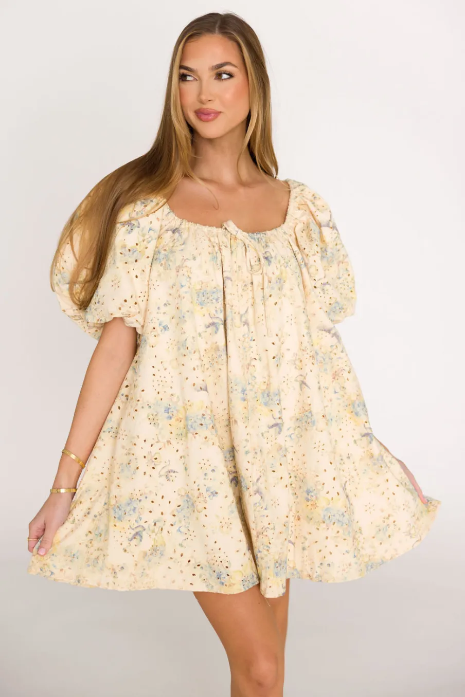 Outlet Worth Collective Jennie Floral Print Babydoll Mini Dress in Blue