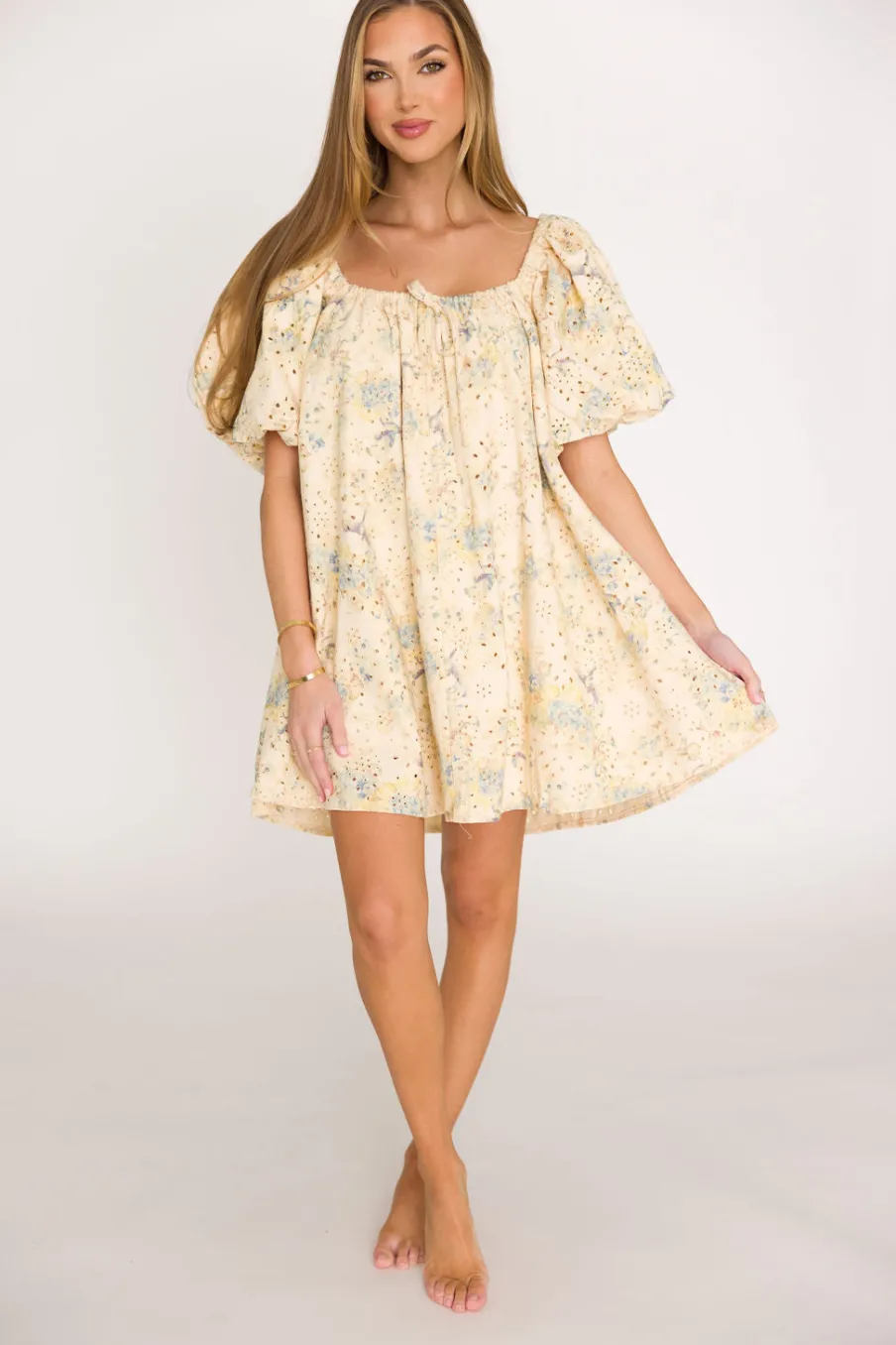 Outlet Worth Collective Jennie Floral Print Babydoll Mini Dress in Blue