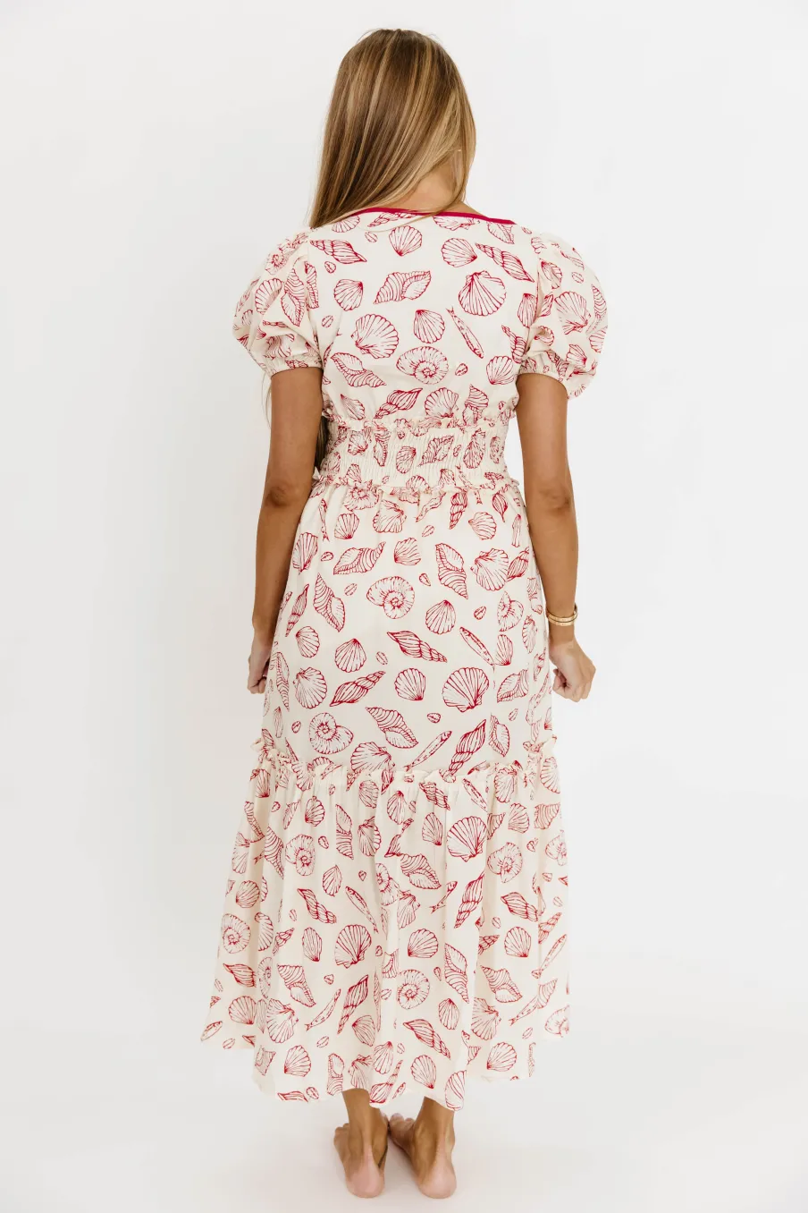 Sale Worth Collective Jesse 100% Cotton Midi Dress With Puff Sleeves in Red