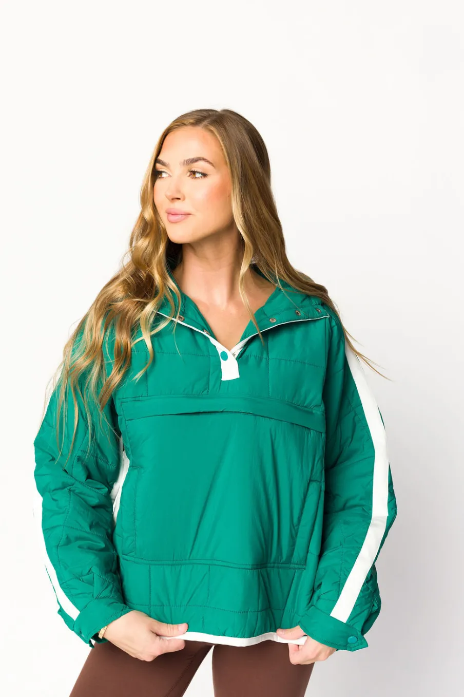 New Worth Collective Joanna Quilted Puffer Pullover in Hunter Green/White