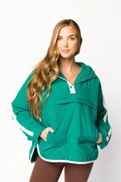 New Worth Collective Joanna Quilted Puffer Pullover in Hunter Green/White