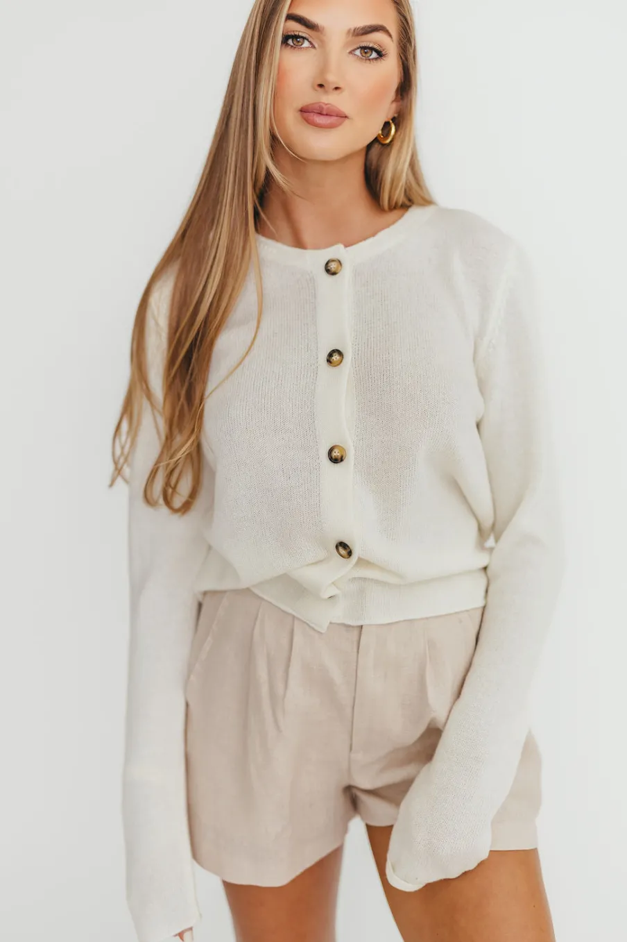 Online Worth Collective Jolie 100% Linen Shorts in Light Khaki
